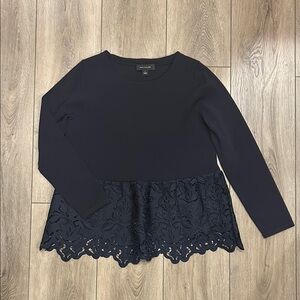 Ann Taylor Botanical Lace Peplum Stretch Crewneck Sweater Too Navy Blue S NWOT